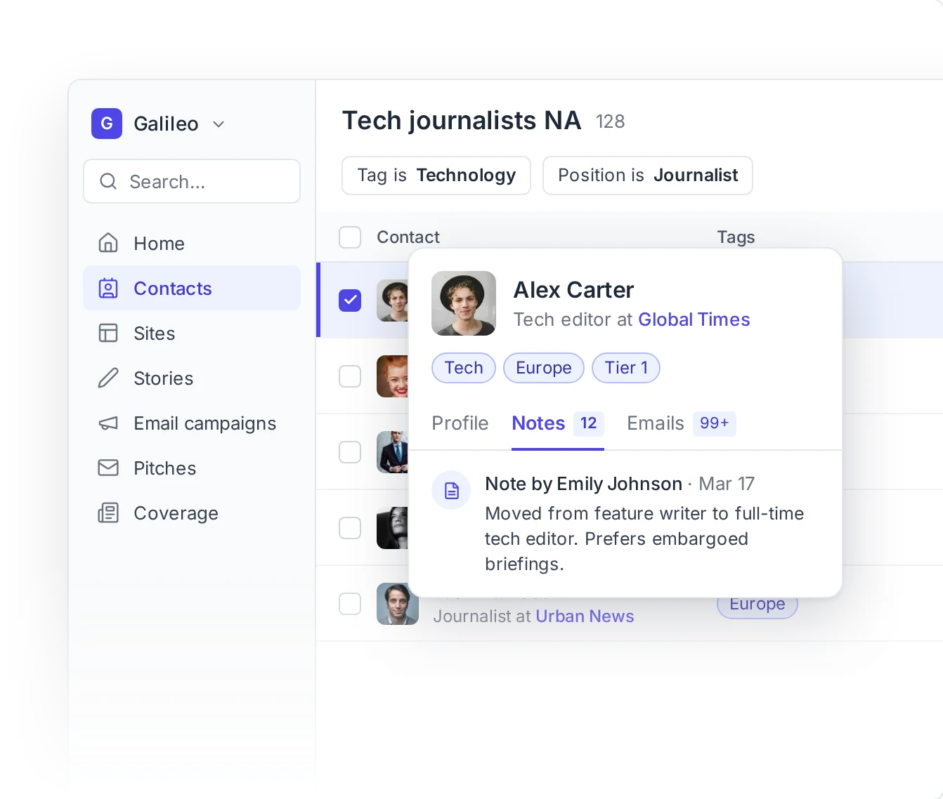 The Tech journalists NA saved view in Prezly contacts, with Alex Carter’s contact card open showing tags and a team note