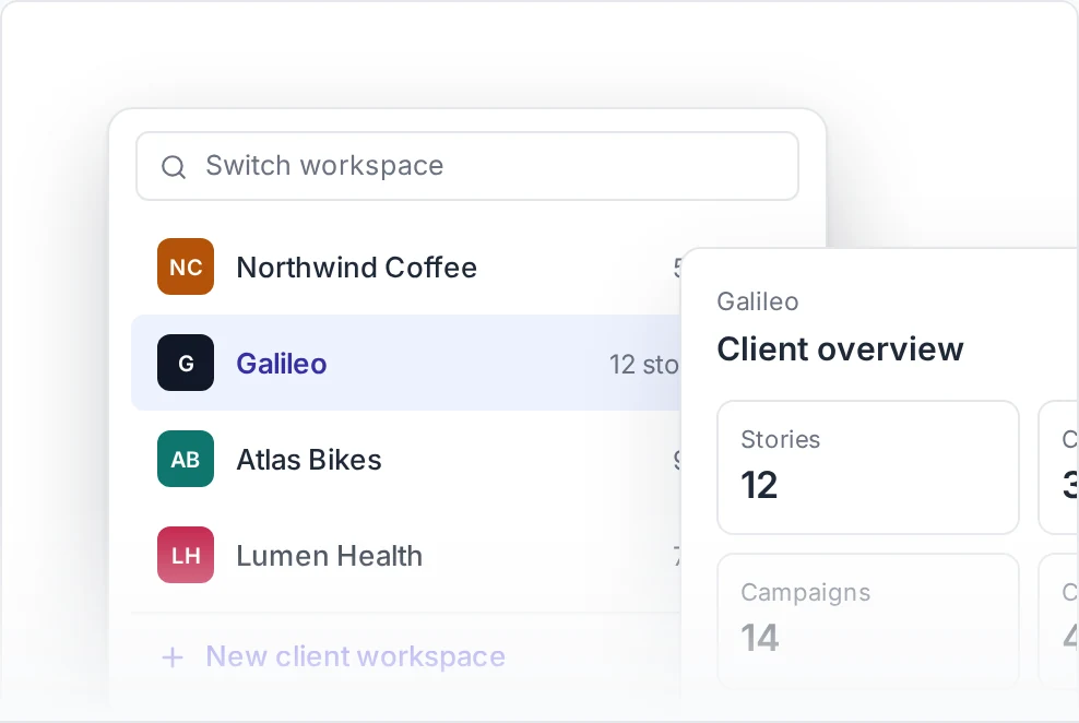A workspace switcher listing four client workspaces, with an overview of one client’s stories, contacts and campaigns
