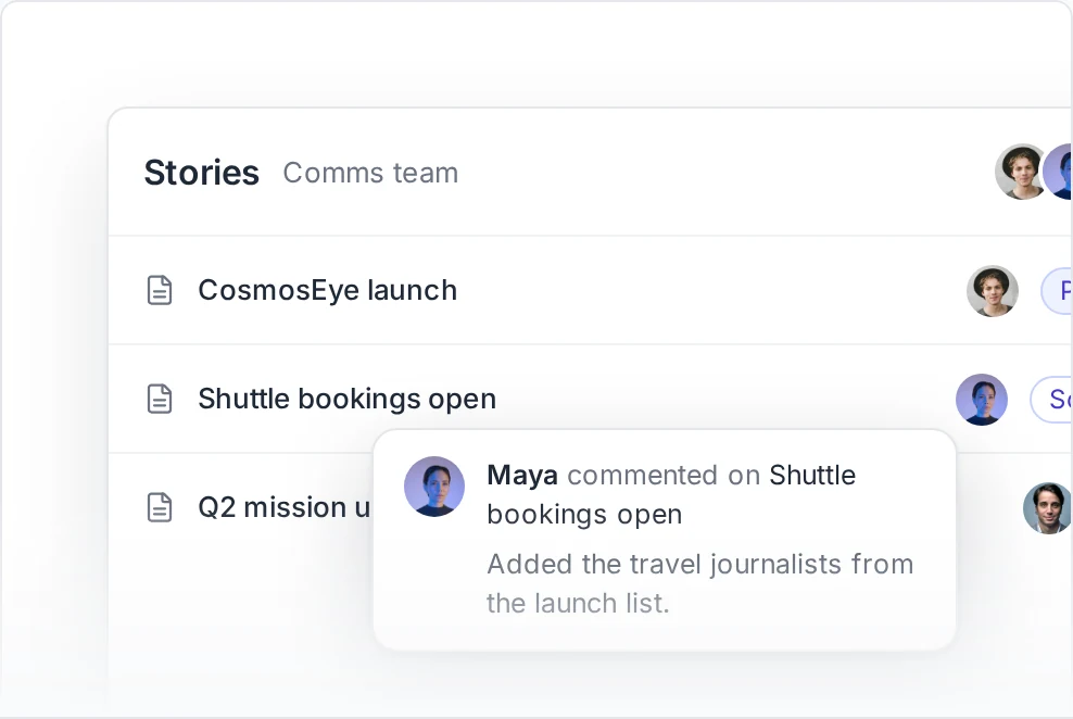 A shared stories list with published, scheduled and draft stories from different team members, and a teammate’s comment