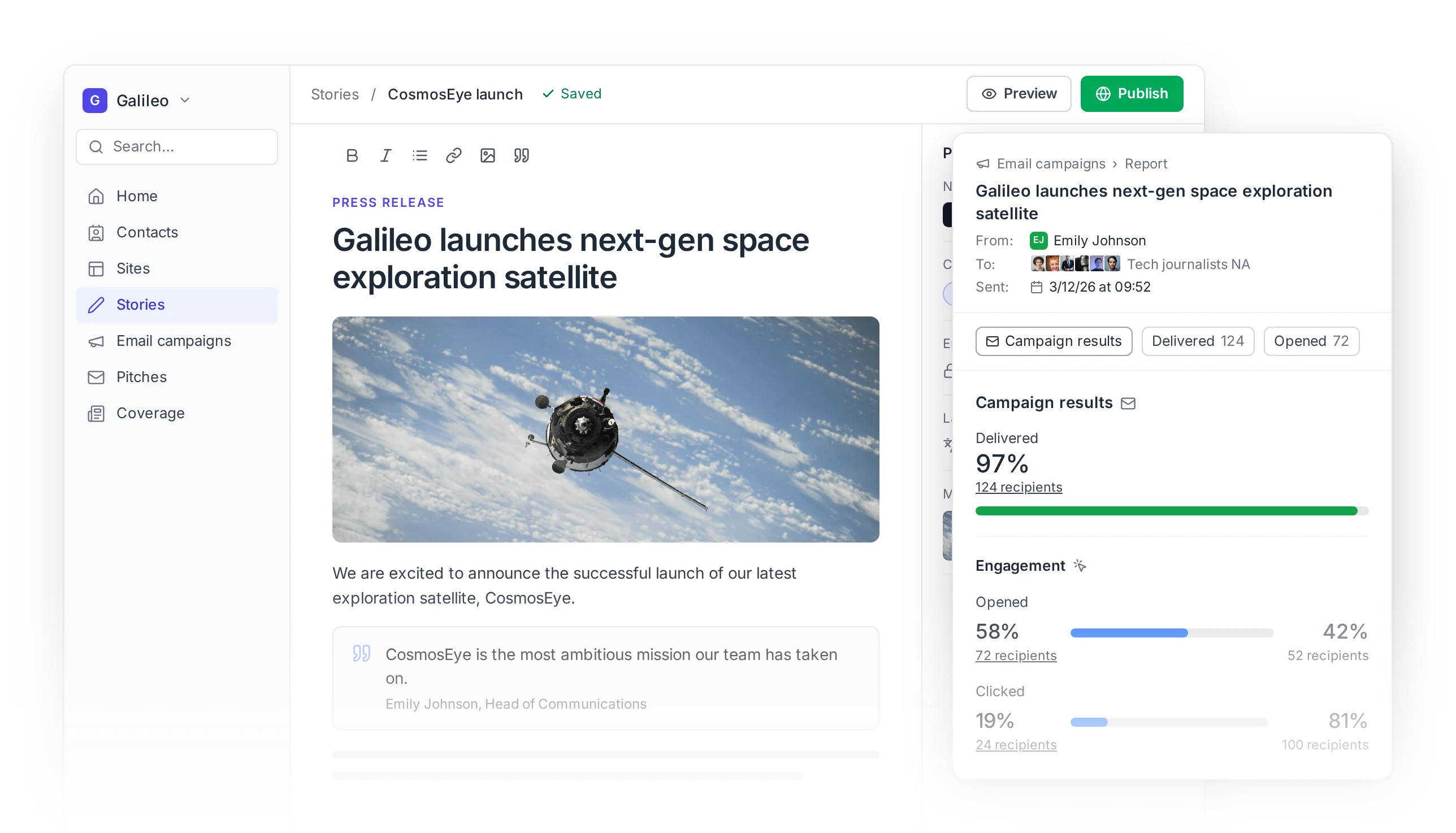 Prezly story editor with a press release about Galileo's CosmosEye satellite, its embargo and publishing settings, and its campaign report: 97% delivered, 58% opened and 19% clicked